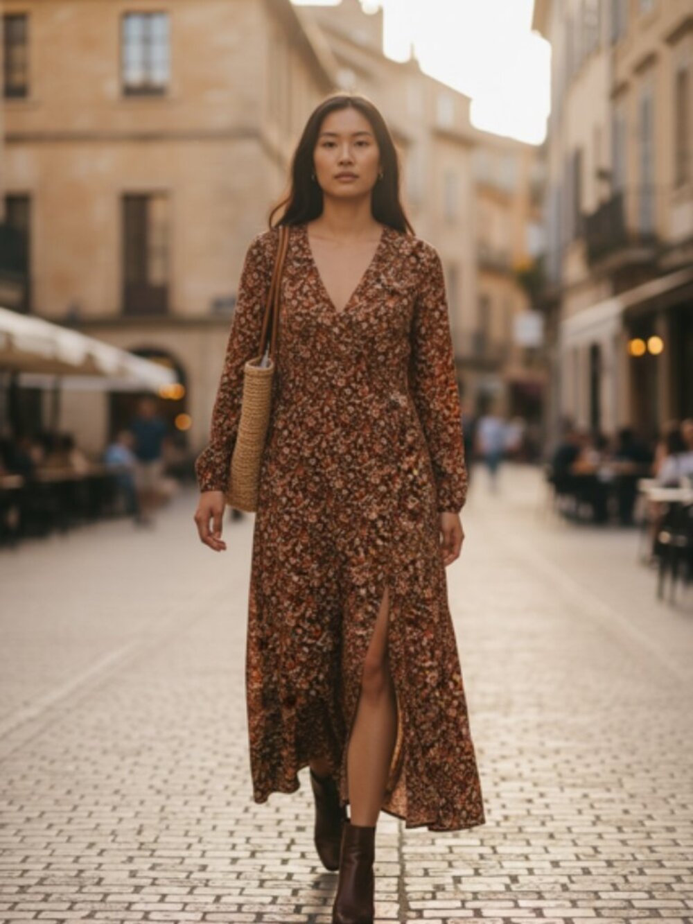 NWT Treasure & Bond Long Sleeve Floral Maxi Dress V-Neck Front Slits Size L